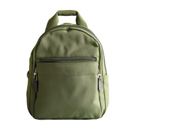 Green everyday backpack isolated on PNG transparent background, cut out