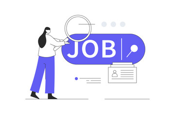 Job vacancy concept, Employee using magnifying glass searching a job on the search bar, looking for job. Flat Cartoon Vector Illustration, icon. Stylish abstract design landing page