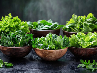 Fresh green leafy vegetables arranged in wooden bowls on a table