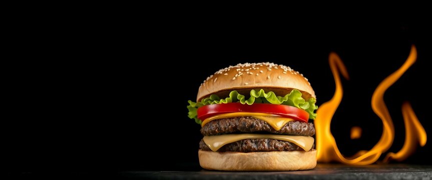 Saftiger Cheeseburger mit Tomate, Salat und doppelt K&auml;se vor lodernden Flammen &ndash; k&ouml;stlich und hei&szlig; serviert.