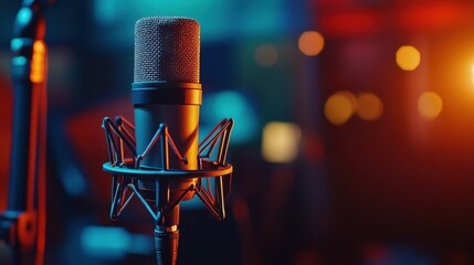 Close-up of a professional studio microphone on a stand in a sound booth during a recording session