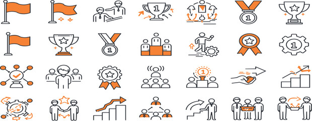 Fototapeta premium Doodle career icon set. Success winner, business goal, challenge hand drawn sketch line pen stroke style icon.