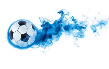 Soccer ball with blue smoke  isolated on transparent background