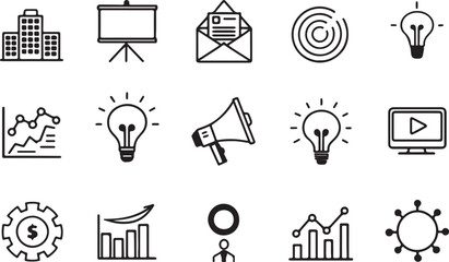 Set of 15 outline icons related to advertisement. Linear icon collection ads and sell campaign. Editable stroke line art. Vector illustration