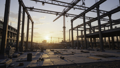 Fototapeta premium construction site at sunset with cranes and steel framework, creating silhouette against sky. scene captures progress and potential of urban development