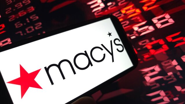 Konskie, Poland - April 12, 2025: Macy`s company logo displayed on mobile phone