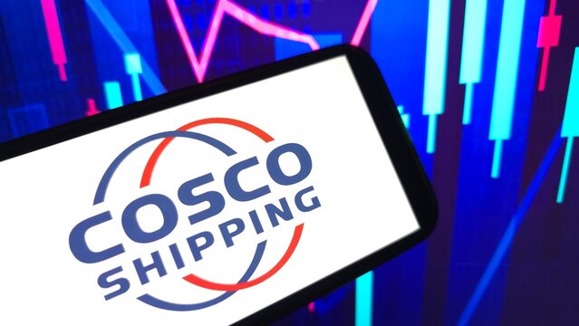 Konskie, Poland - April 12, 2025: COSCO Shipping Development company logo displayed on mobile phone