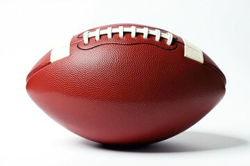 Close-up view of leather football, pristine white backdrop, pigskin, competition, victory