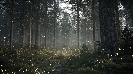 Obraz premium Enchanted Forest: A Mystical Woodland Scene with Glowing Fireflies in the Night
