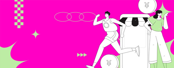 Holiday shopping people doing e-commerce online shopping flat vector concept operation hand drawn illustration
