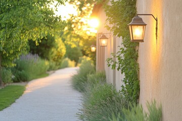 Beautiful summer evening in the vineyard, light from lanterns illuminates lavender bushes along a path and ivy on an adobe wall. Soft-focus background. Sunset. Beautiful garden, country home.