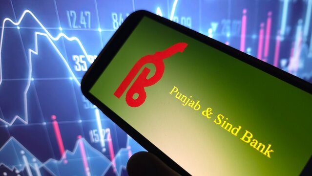 Konskie, Poland - April 12, 2025: Punjab and Sind Bank company logo displayed on mobile phone