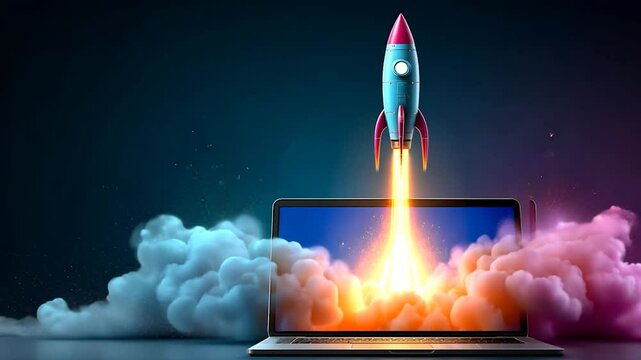 Rocket launching from laptop screen into clouds. Vivid colors