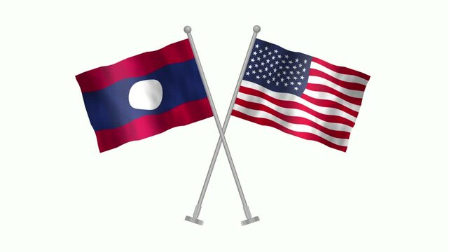 Flag of Laos and USA, Cross table flag of Laos and USA on white screen, Laos and USA 3D Animation flag waving in the wind isolated on white Background. 
