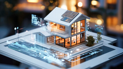 Miniature modern house with solar panels is displayed on a digital platform with glowing holographic interfaces and data visualizations, representing smart home technology and automation