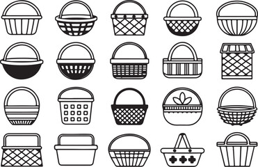 Set of 20 outline icons related to basket. Linear icon collection of variant style baskets. Editable stroke line art. Vector illustration.