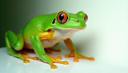Green tree frog perched on white, vibrant skin, nature photography, closeup