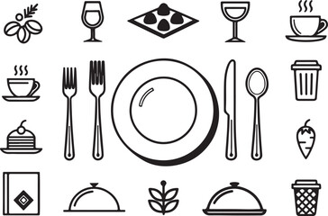 Set of 20 outline icons related to dining elements. Linear icon collection. Editable stroke line art. Vector illustration.
