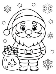 Fototapeta premium Cute Cartoon Santa Claus with Gift Bag and Snowflakes in Black and White Coloring Book Style
