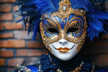 Elegant Blue and Gold Mask with Feathers for Carnival Celebration