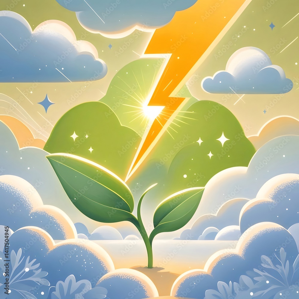 Aufkleber 緑の芽と雷が輝く雲の背景 イラスト 自然のエネルギーと成長のイメージ