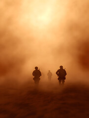 A quiet, empty battlefield with rolling fog, smoke, and distant shadows of soldiers.

