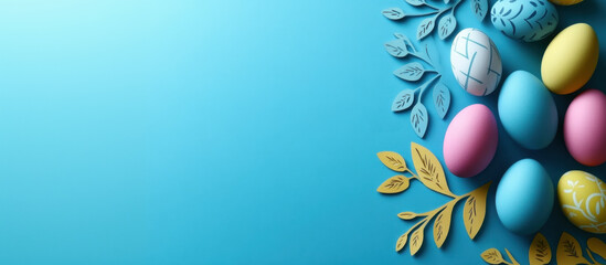 Easter party concept. Top view of easter bunny ears white pink blue and yellow eggs on isolated pastel blue background with copyspace