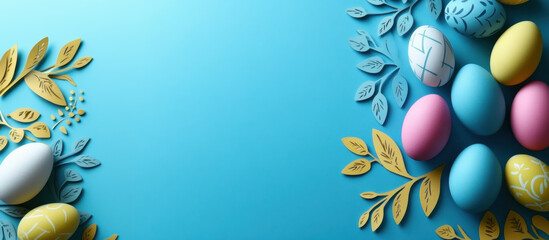 Easter party concept. Top view photo of easter bunny ears white pink blue and yellow eggs on isolated pastel blue background with copyspace in the middle