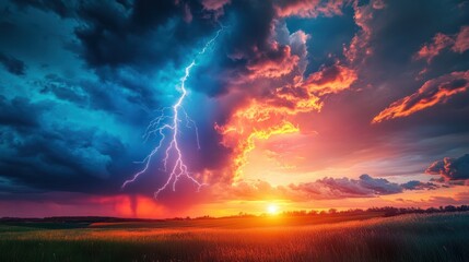 Electrifying sunset landscape with dramatic lightning and vivid colored clouds