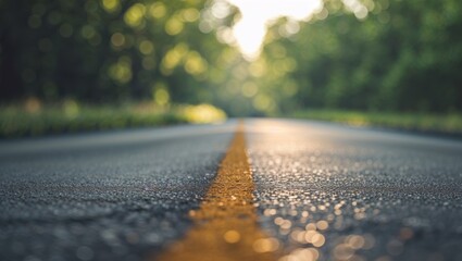Close up of asphalt road surface sunlit trees blurred in background travel nature transportation themes