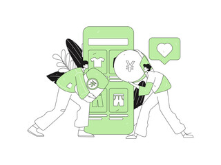 Holiday shopping people doing e-commerce online shopping flat vector concept operation hand drawn illustration
