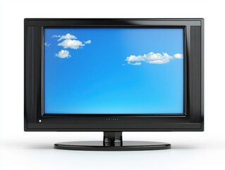 Modern Black Television with Blank Screen and Blue Sky Background