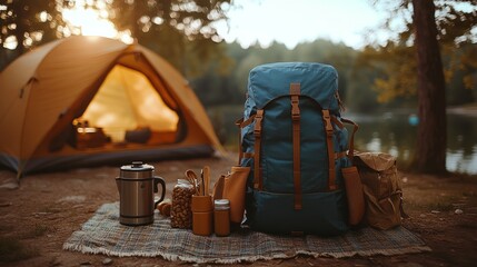 A cozy camping setup by a serene lake at dusk, featuring a stylish backpack and essentials