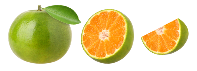 Close-up, Tangerine orange or Clementine with leaf, half and slices isolated, transparent PNG, PNG format, cut out