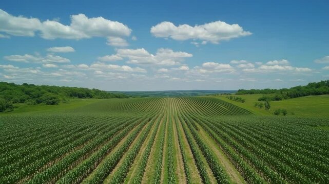 A vibrant cornfield under a blue sky with fluffy clouds.