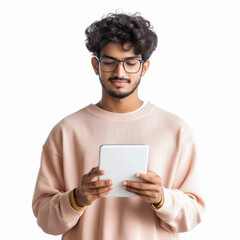 young man standing using smartphone on white background