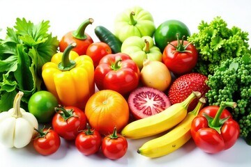 Variety of organic fruits & vegetables on white, lifestyle, fresh, ripe