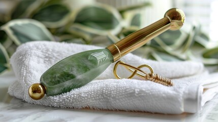 Green jade facial massage tool on white towel