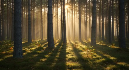 Obraz premium Panorámico bosque soleado en otoño