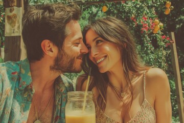 A lovely young couple sharing a smoothie, enjoying each other's company outdoors with orange trees and greenery in the background, creating a romantic and summery atmosphere.