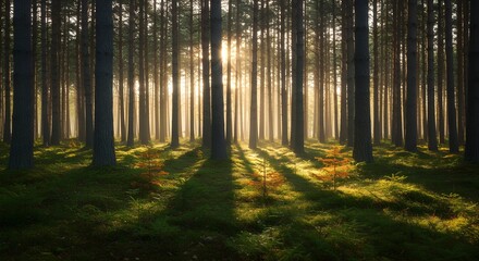 Naklejka premium Panorámico bosque soleado en otoño