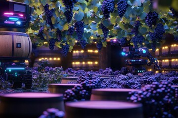 Robots working in a vineyard at night among grapevines and wooden barrels