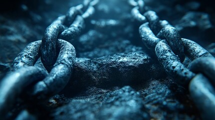 Rusty iron chains lie entwined on the dark seabed, hinting at a hidden maritime tale below