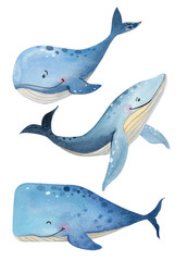 Watercolor illustration with cute underwater animals. Set with shells, fish, whales, lighthouses, boat. Perfect for children's party, wedding, greeting cards, nursery, invitations, birthday, party.