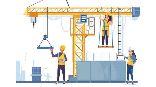 Professional industrial worker fixing hoist sling on indoor crane for maintenance and repairs