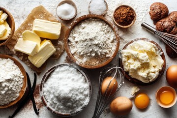 Overhead shot showcases ingredients for baking, including flour, sugar, butter and eggs, arranged in rustic wooden bowls, highlighting a cooking process.