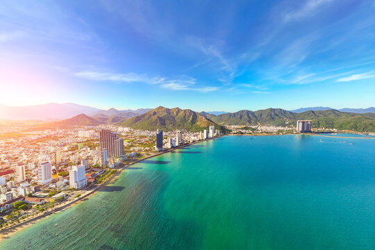 North beach overlooking aerial view city on the gold main resort coast of Southeast Asia in the hot sunny day Nha Trang