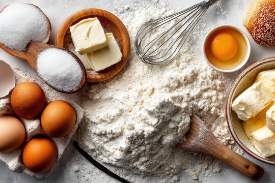 Overhead shot of baking ingredients and tools, including flour, eggs, butter, sugar and whisk, arranged on a clean white surface for a classic recipe preparation.