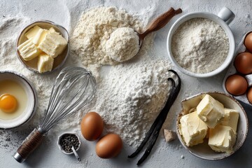 A close-up, top-down view of baking ingredients arranged on a white surface, showing flour, butter, eggs, and vanilla beans, creating a culinary composition.