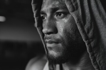 A black and white portrait of a determined athlete with sweat glistening on his face, wearing a hoodie, focusing on his intense workout with serious expression.
